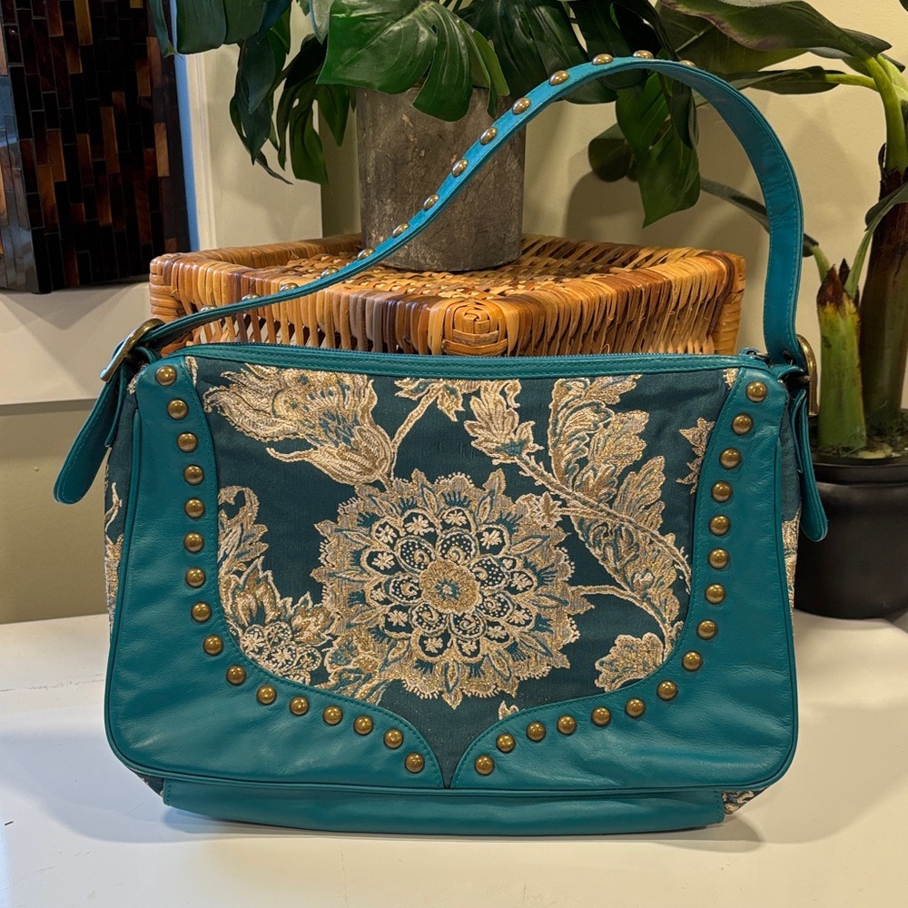 Vintage Isabella Fiore Teal Leather Shoulder Bag with Gold Tapestry and Studs